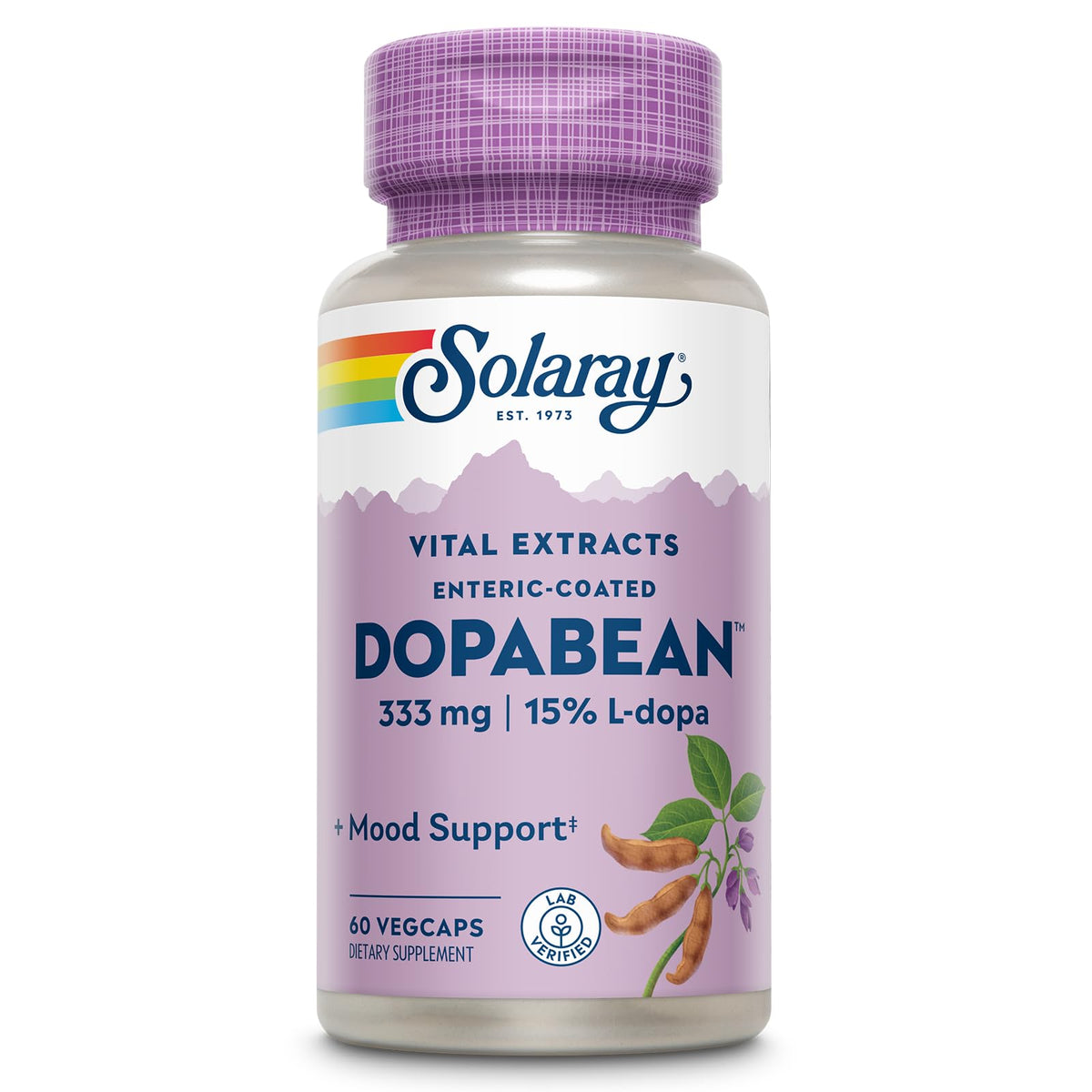 SOLARAY Dopabean bottle label showing velvet bean extract for daily wellness support