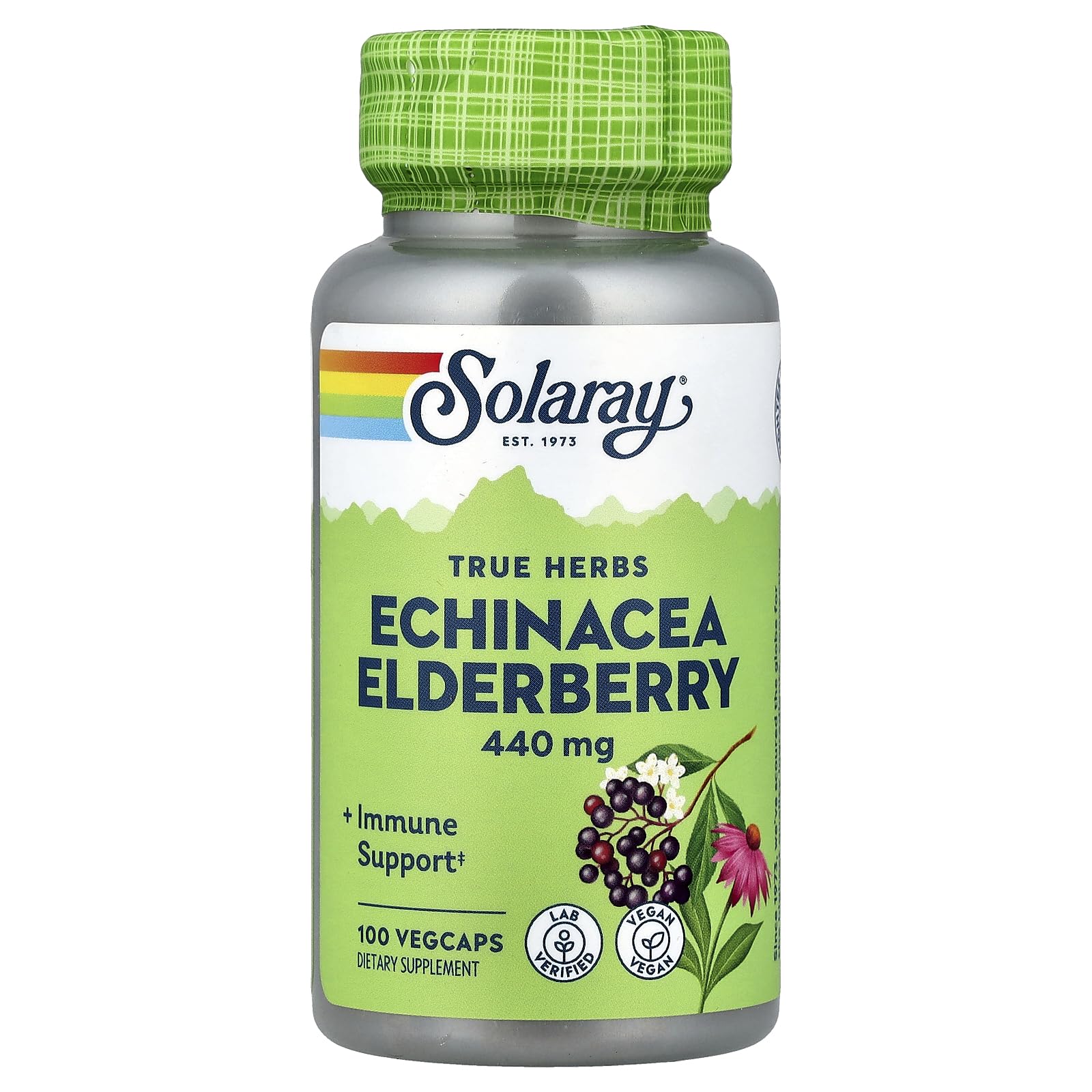 SOLARAY Echinacea and Elderberry capsules bottle for daily immune support.