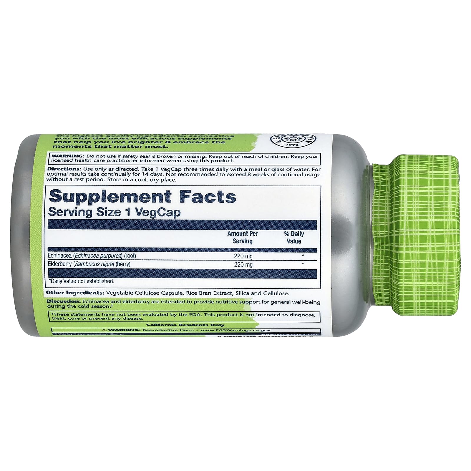 SOLARAY Echinacea and Elderberry capsules packshot showing 100-count bottle.