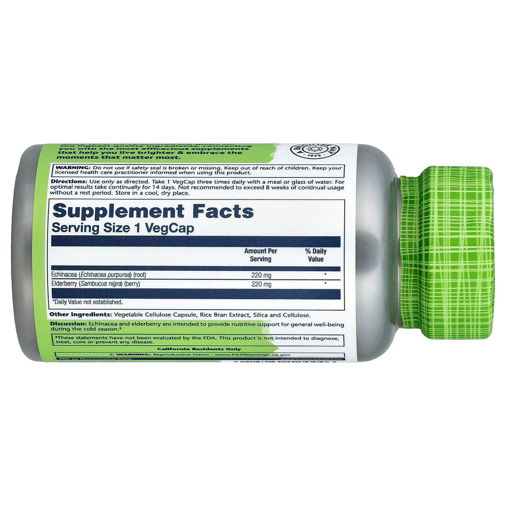 SOLARAY Echinacea and Elderberry capsules packshot showing 100-count bottle.