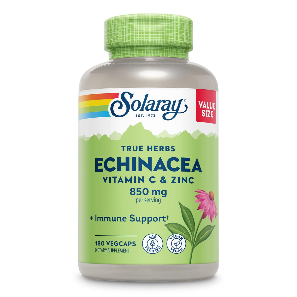 SOLARAY Echinacea with Vitamin C & Zinc bottle label highlighting immune support.