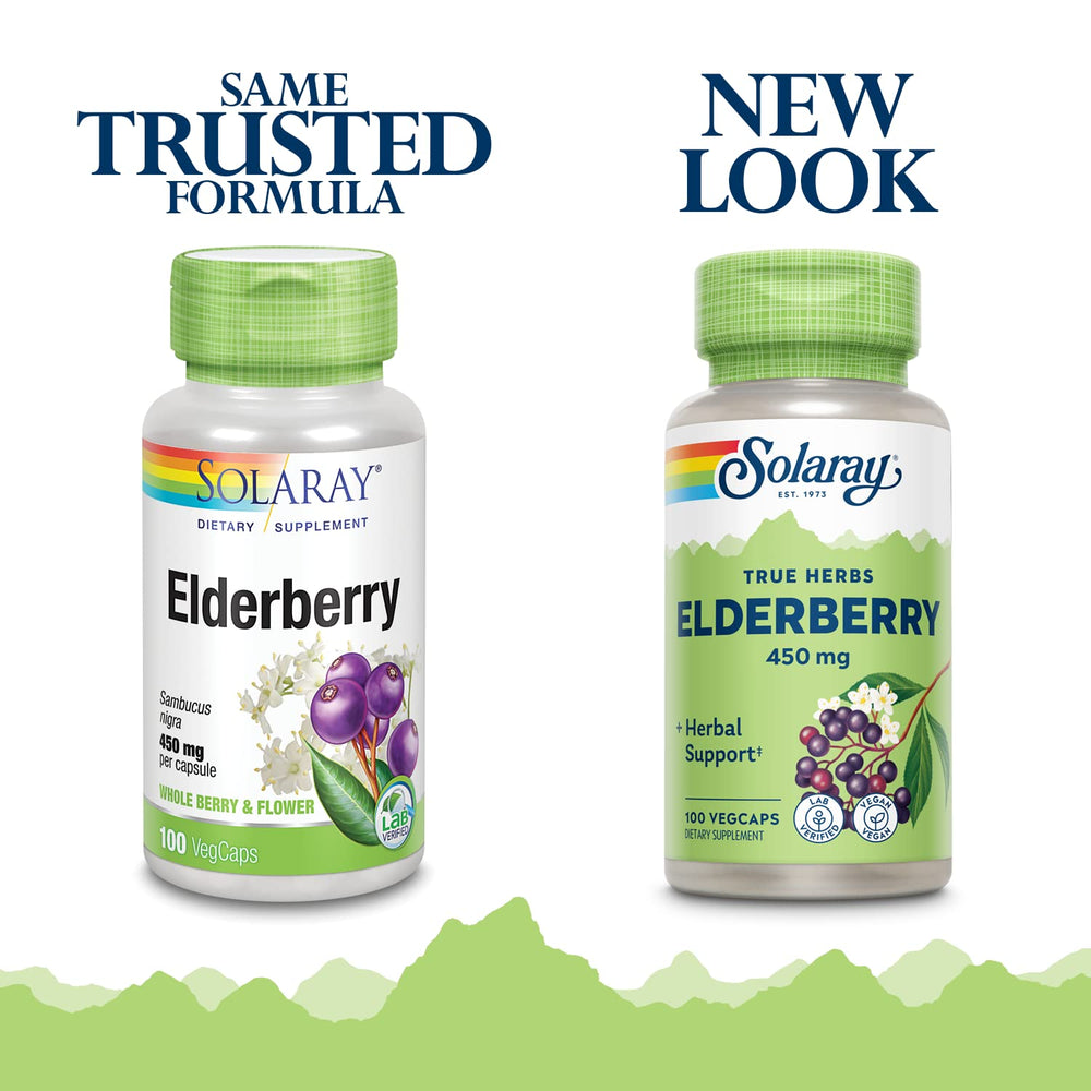 SOLARAY Elderberry Capsules bottle back label highlights non-GMO and lab-verified quality.