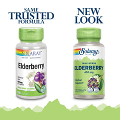 SOLARAY Elderberry Capsules bottle back label highlights non-GMO and lab-verified quality.