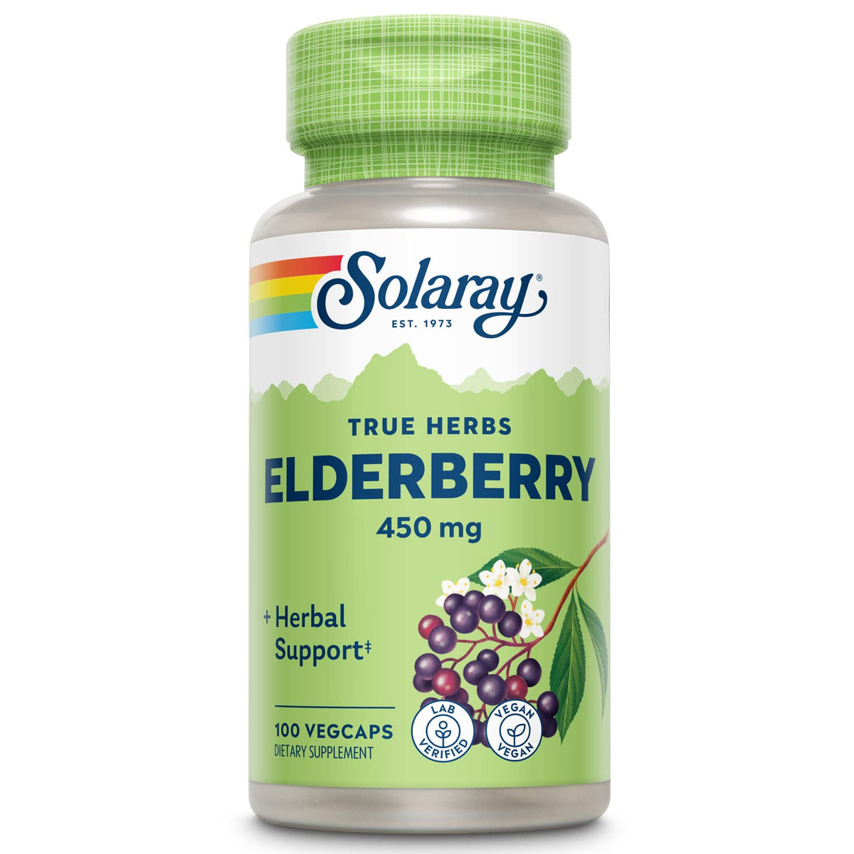 SOLARAY Elderberry Capsules bottle front shows vegan, gluten-free daily wellness option.