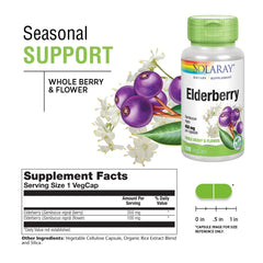 SOLARAY Elderberry Capsules ingredient panel displays berry and flower blend for polyphenols.