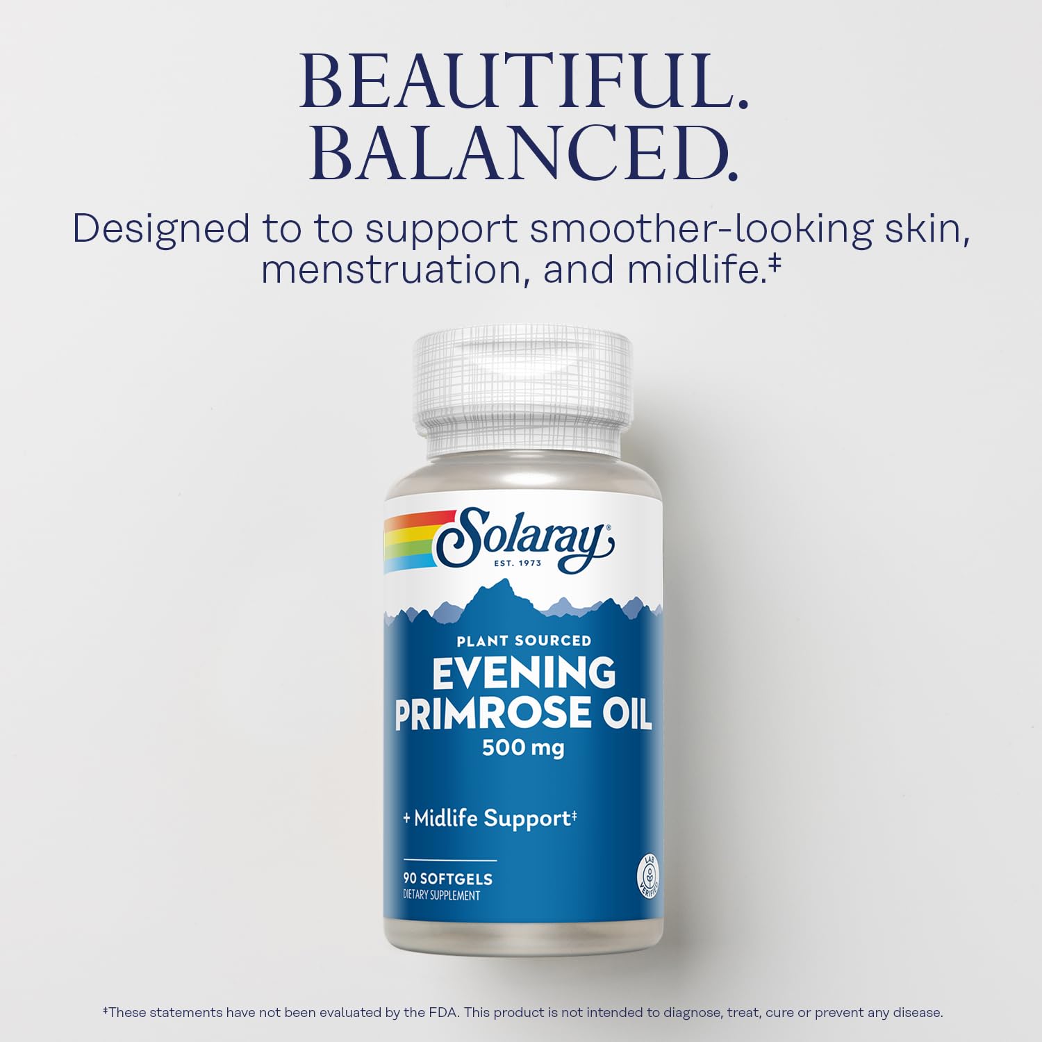 SOLARAY Evening Primrose Oil label closeup showing GLA and LA content for users.