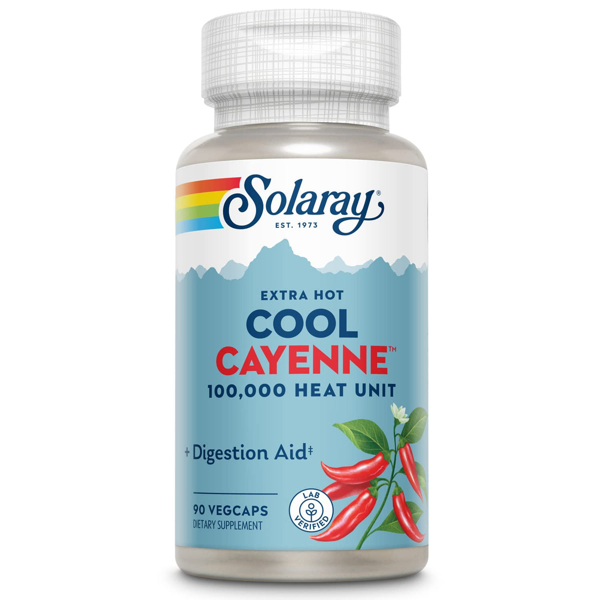 SOLARAY Extra Hot Cool Cayenne bottle with vegan capsules for daily heat and digestive comfort.