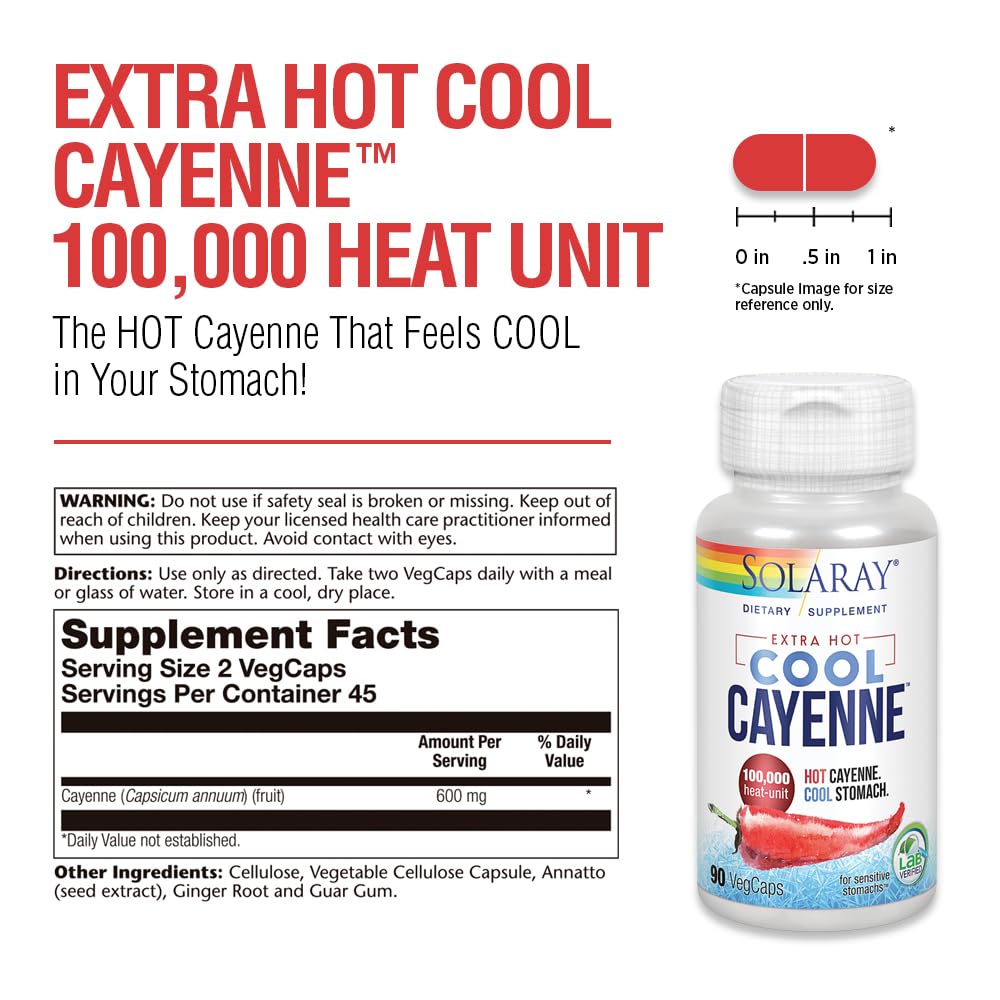 SOLARAY Extra Hot Cool Cayenne capsules ready-to-swallow for convenient use.