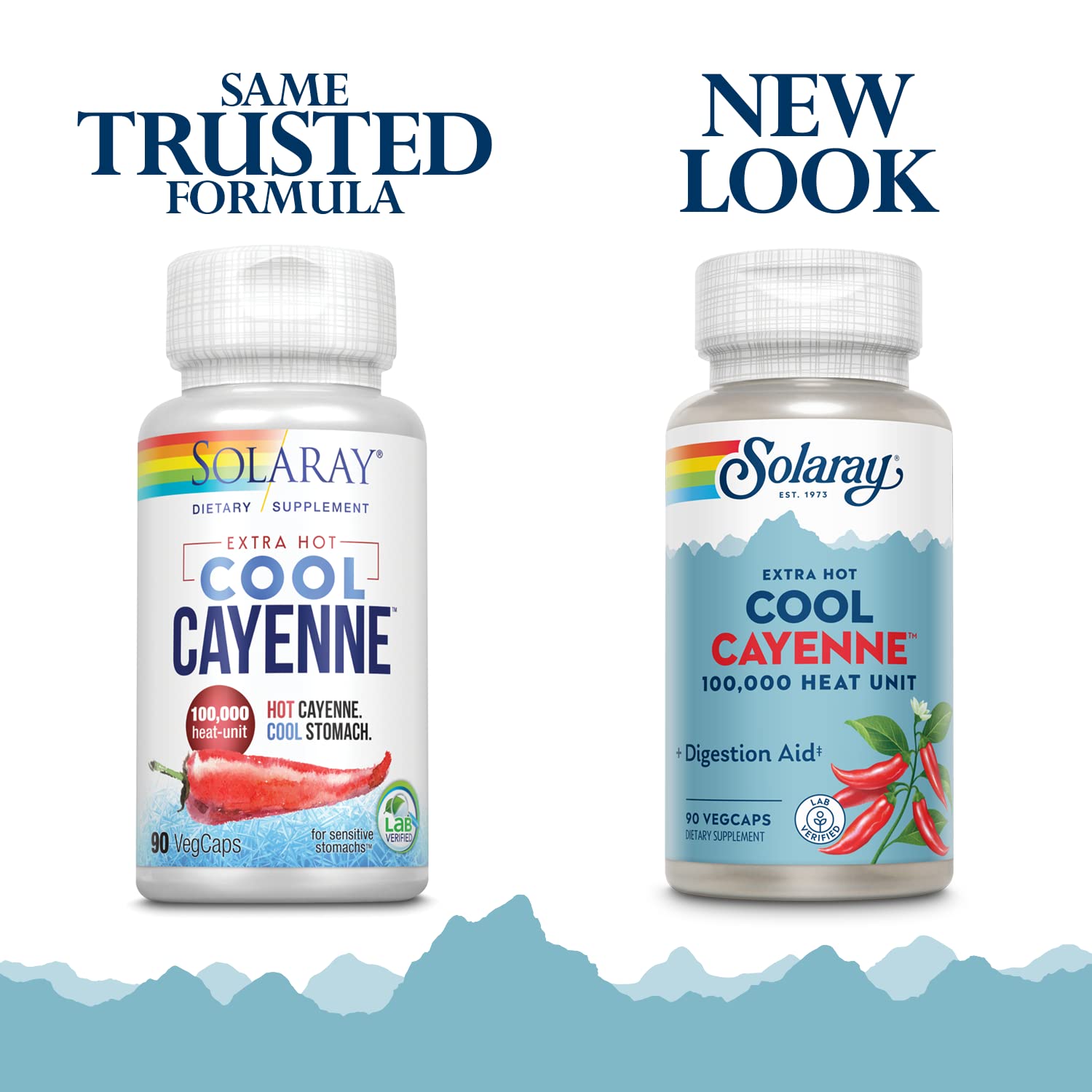 SOLARAY Extra Hot Cool Cayenne label closeup highlighting Bio-Cool processing for gentler heat.