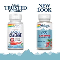 SOLARAY Extra Hot Cool Cayenne label closeup highlighting Bio-Cool processing for gentler heat.
