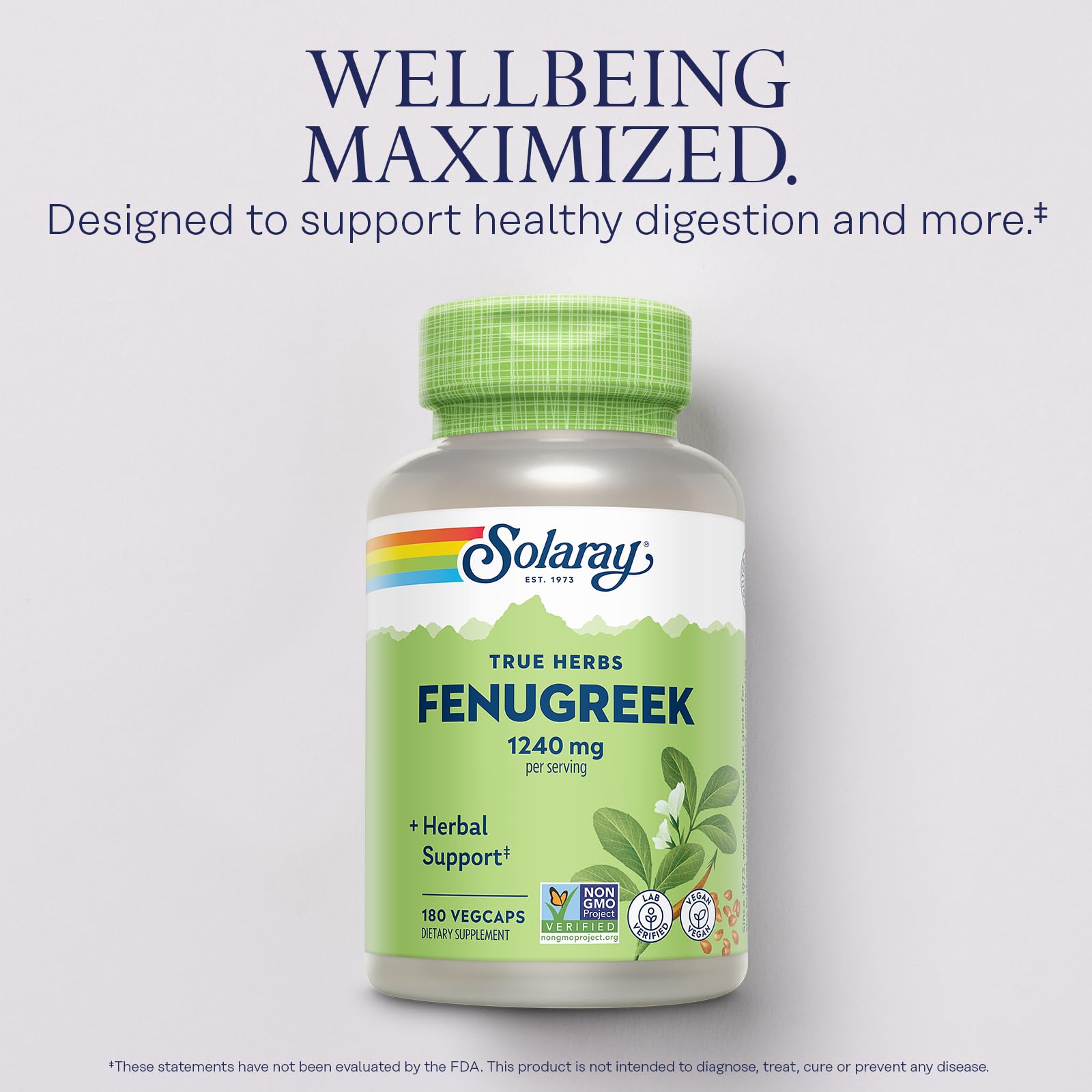 SOLARAY Fenugreek bottle pour showing convenient daily intake