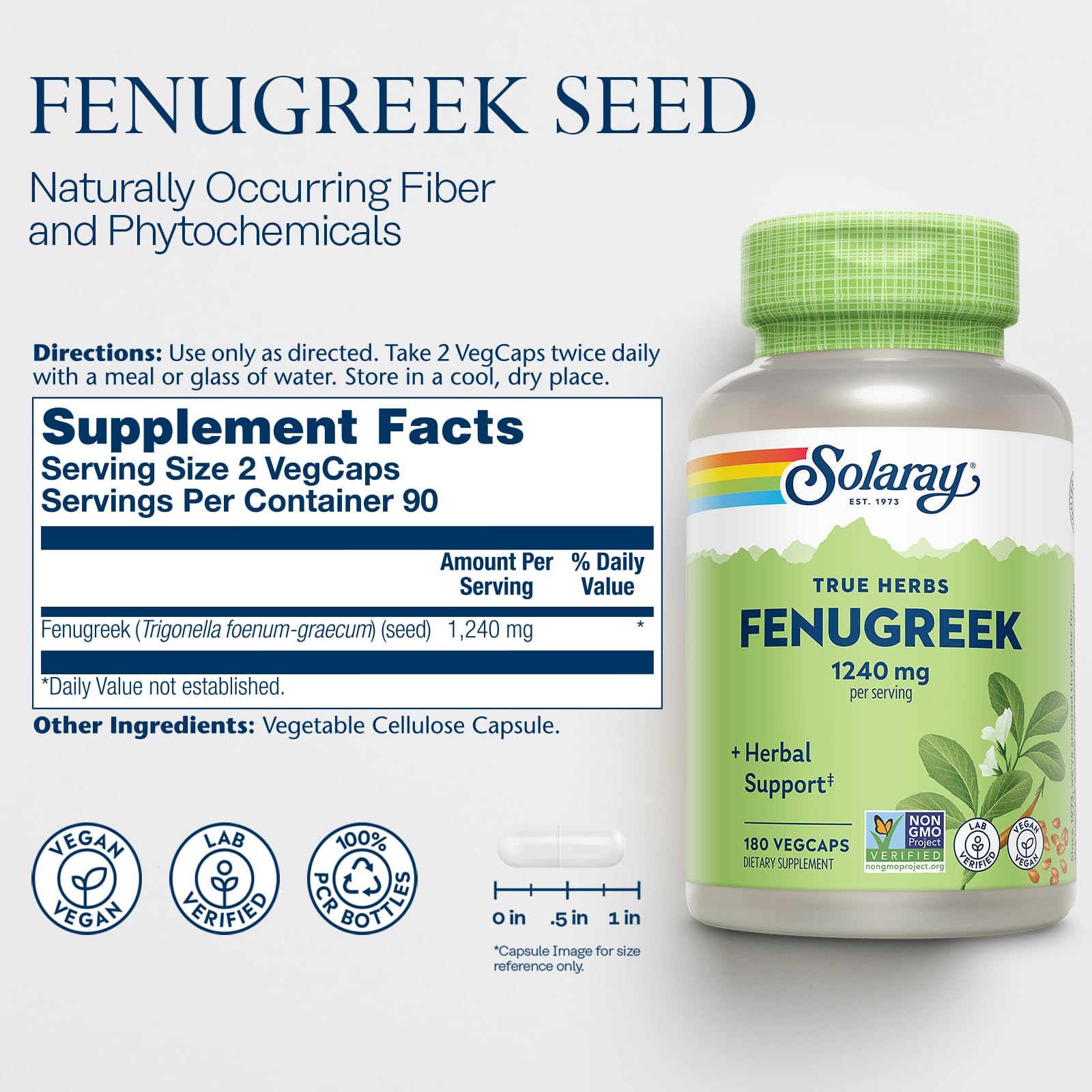 SOLARAY Fenugreek capsules in bottle, natural herbal support for digestion and wellness
