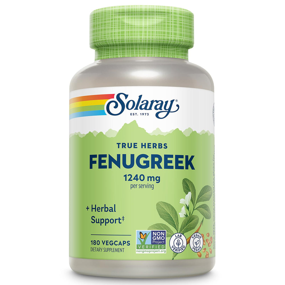 SOLARAY Fenugreek seed bottle for daily plant-based wellness and easy-to-swallow capsules