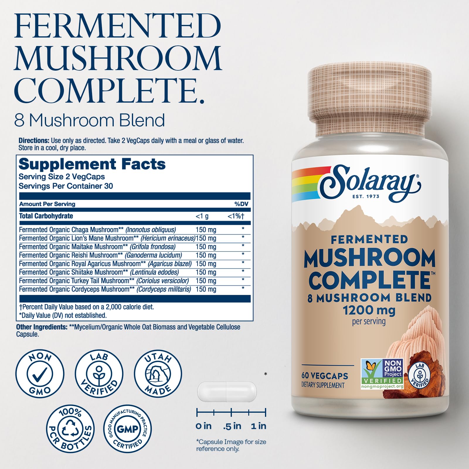 SOLARAY Fermented Mushroom Complete label closeup shows organic, non-GMO formulation
