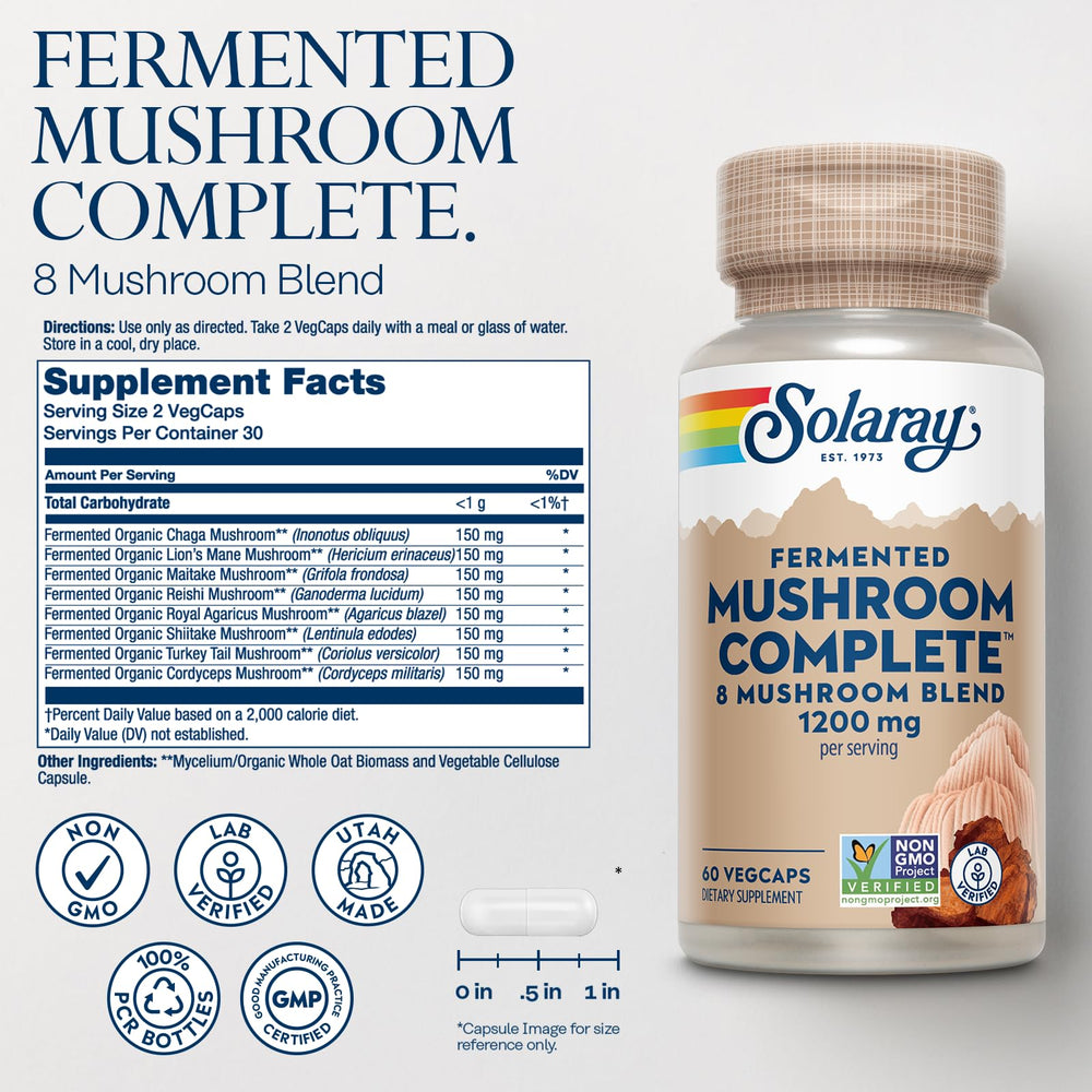 SOLARAY Fermented Mushroom Complete label closeup shows organic, non-GMO formulation