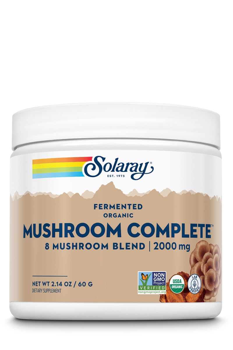 Solaray fermented organic mushroom complete powder bottle for daily supplement use.