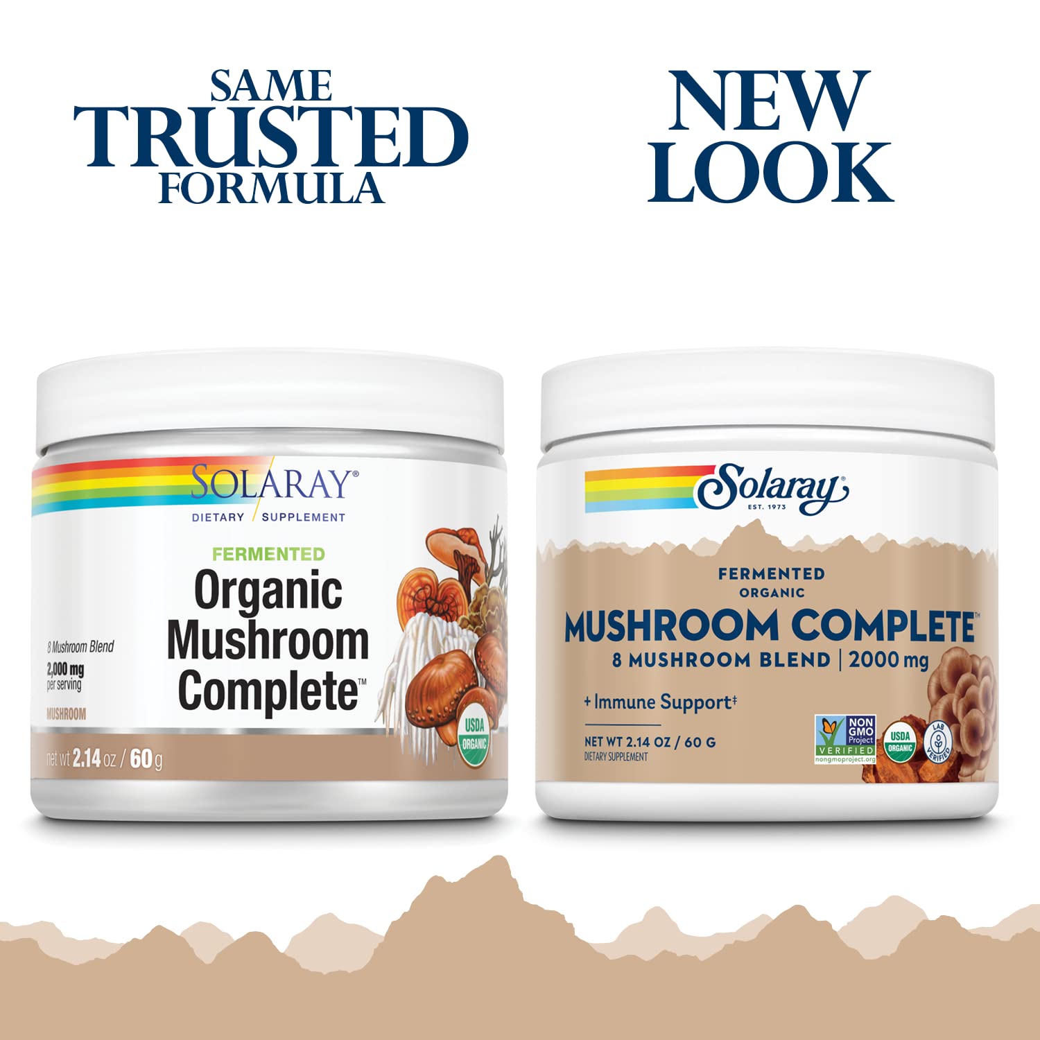 Solaray fermented organic mushroom complete powder label area highlighting trusted quality.