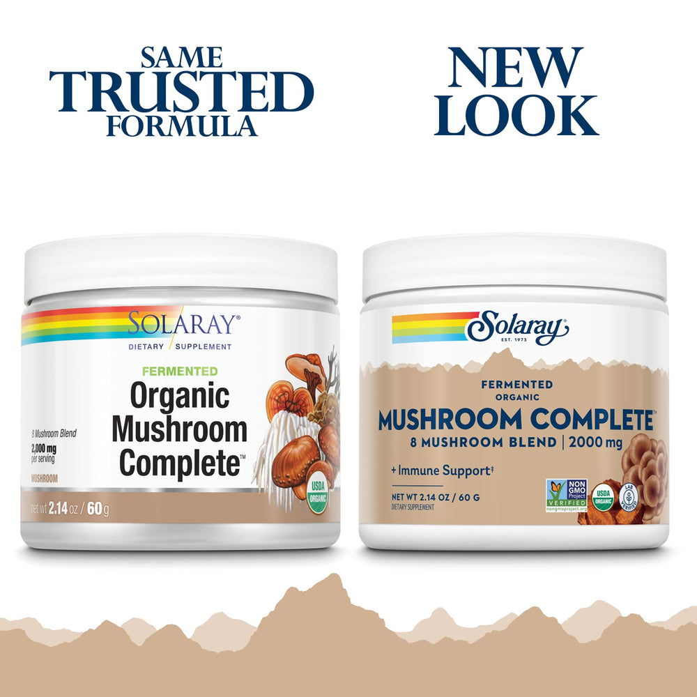 Solaray fermented organic mushroom complete powder label area highlighting trusted quality.
