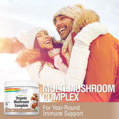 Solaray fermented organic mushroom complete powder texture close-up showing fine powder.