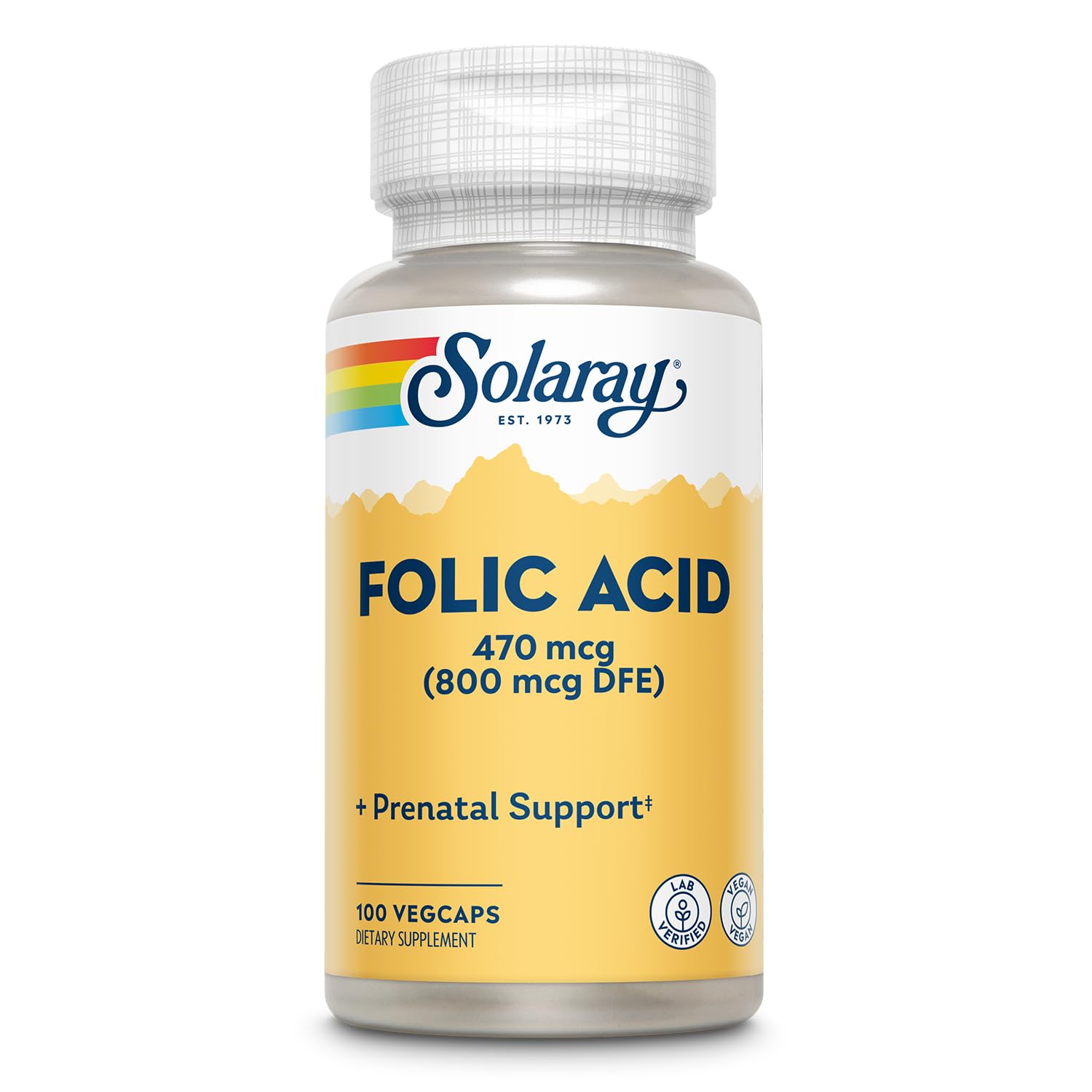 SOLARAY Folic Acid bottle and pills for daily prenatal support