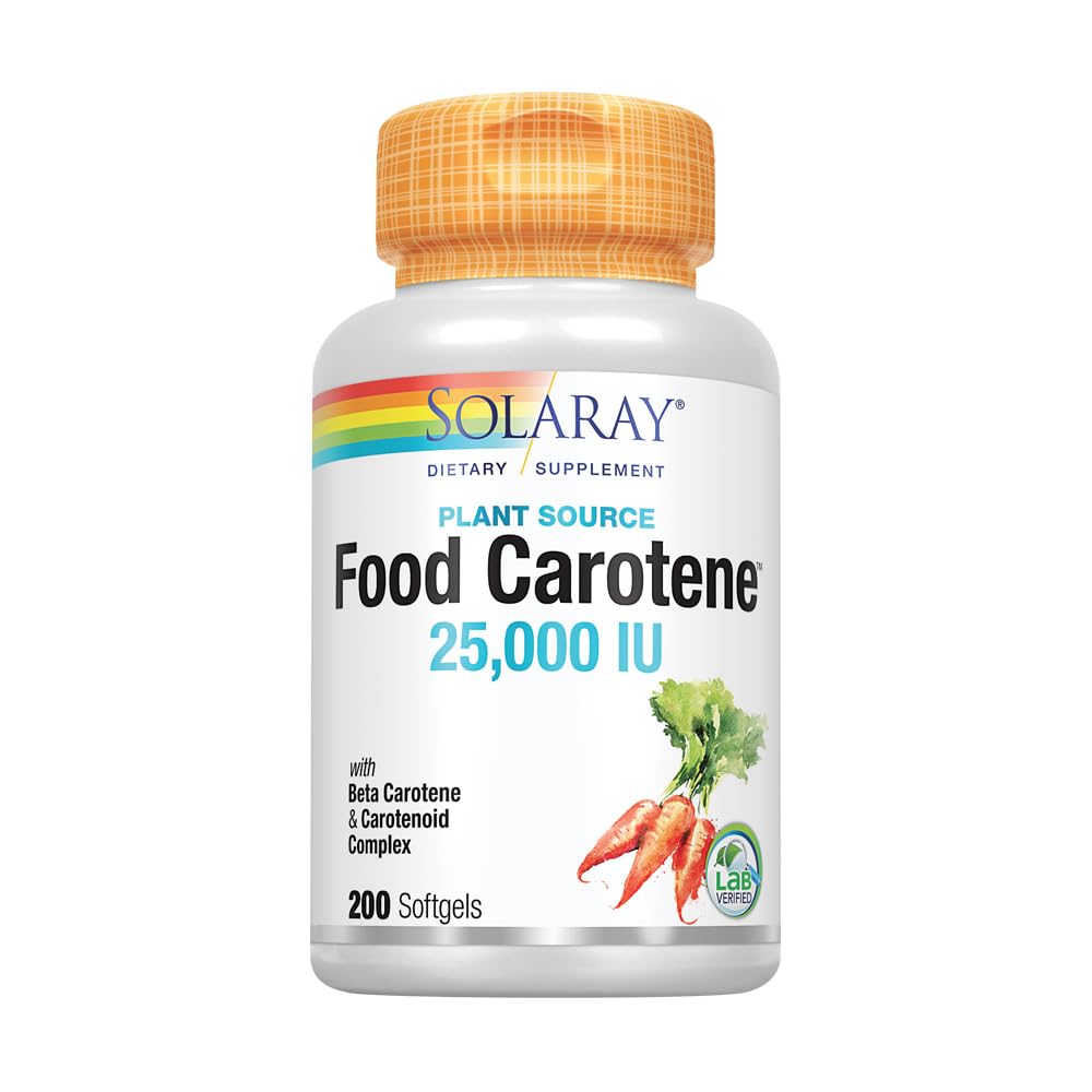 SOLARAY Food Carotene bottle-front shows plant-based vitamin A for skin and eye support.