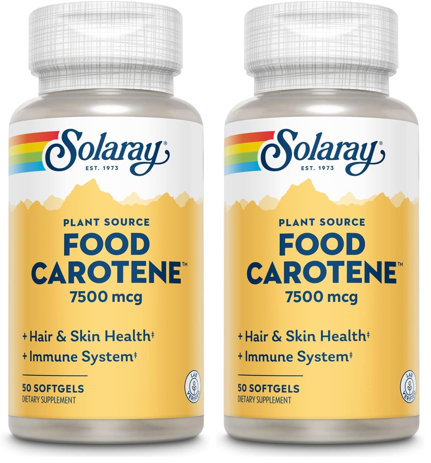 Solaray Food Carotene bottle label highlights plant-based beta carotene for healthy vision.
