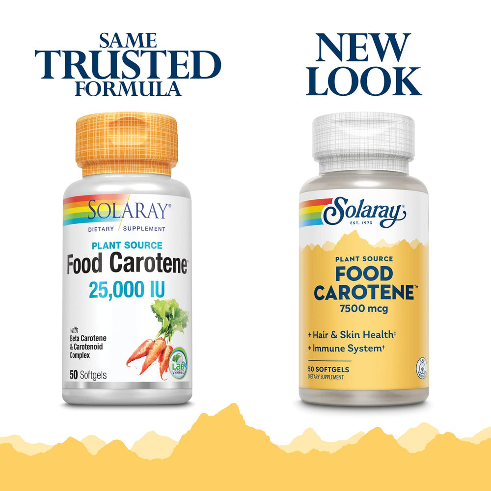 Solaray Food Carotene capsules close-up highlights vitamin A support for skin and eyes.