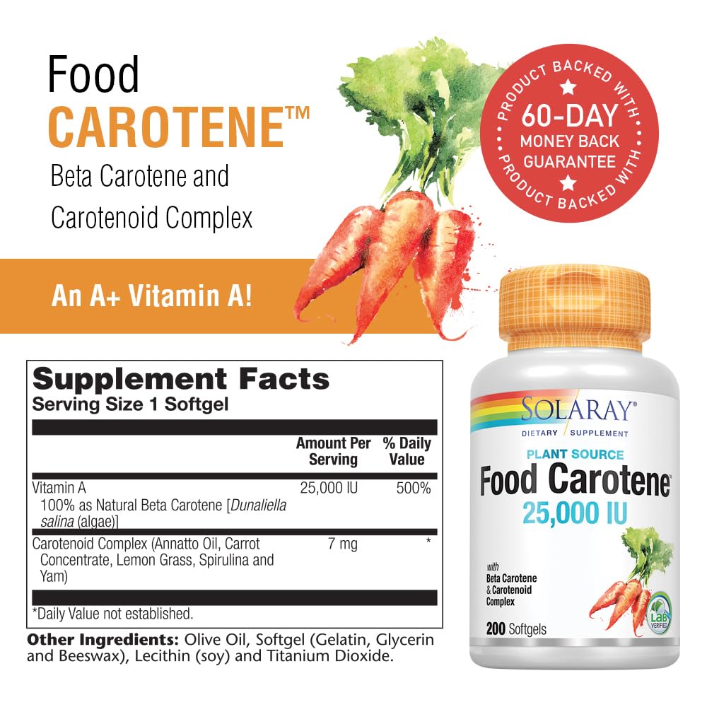 SOLARAY Food Carotene capsules-closeup easy-to-swallow capsules with beta-carotene and lutein.