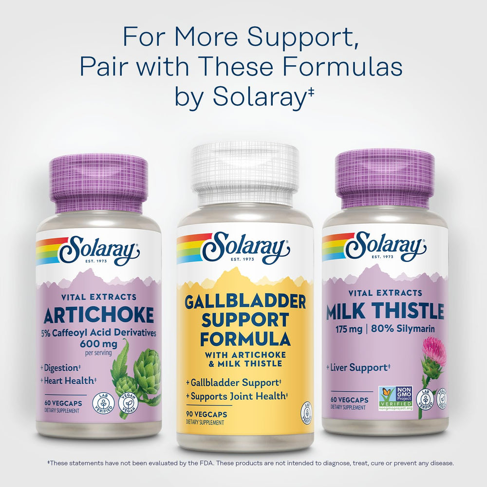 SOLARAY Gallbladder Support ingredients artichoke and peppermint visible on label for clarity.