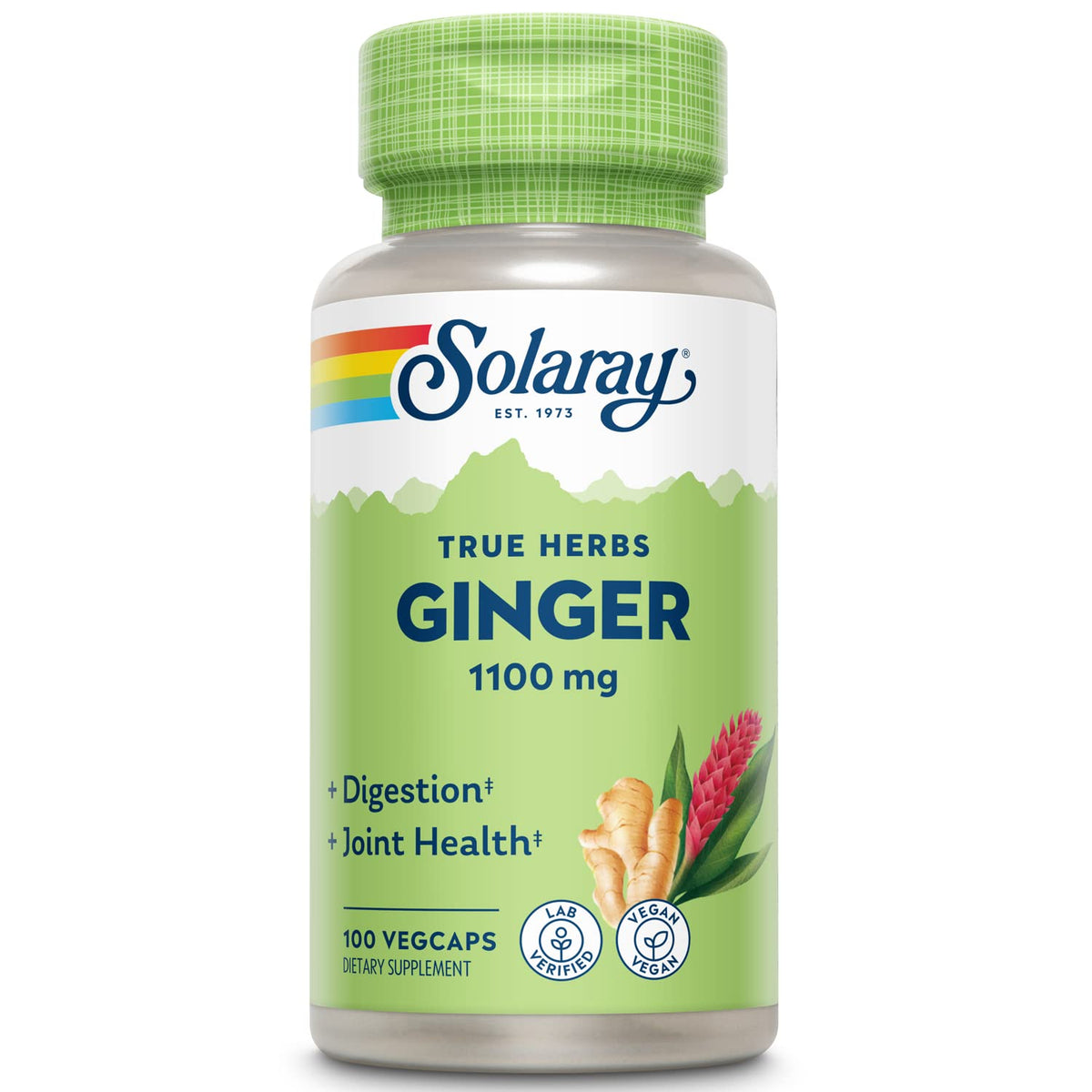 SOLARAY Ginger Root 1100mg bottle for daily digestion support.