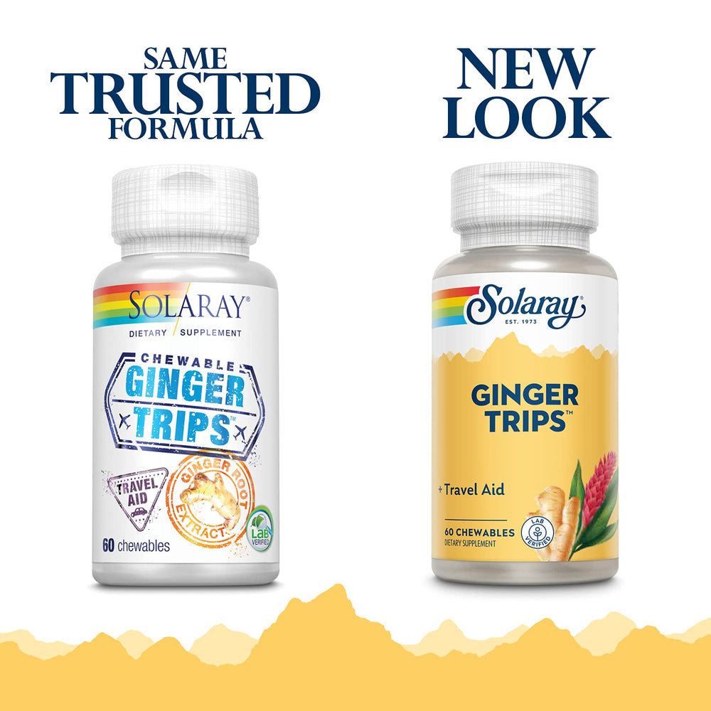 SOLARAY Ginger Trips chewables front view with appetizing flavor and travel-ready use
