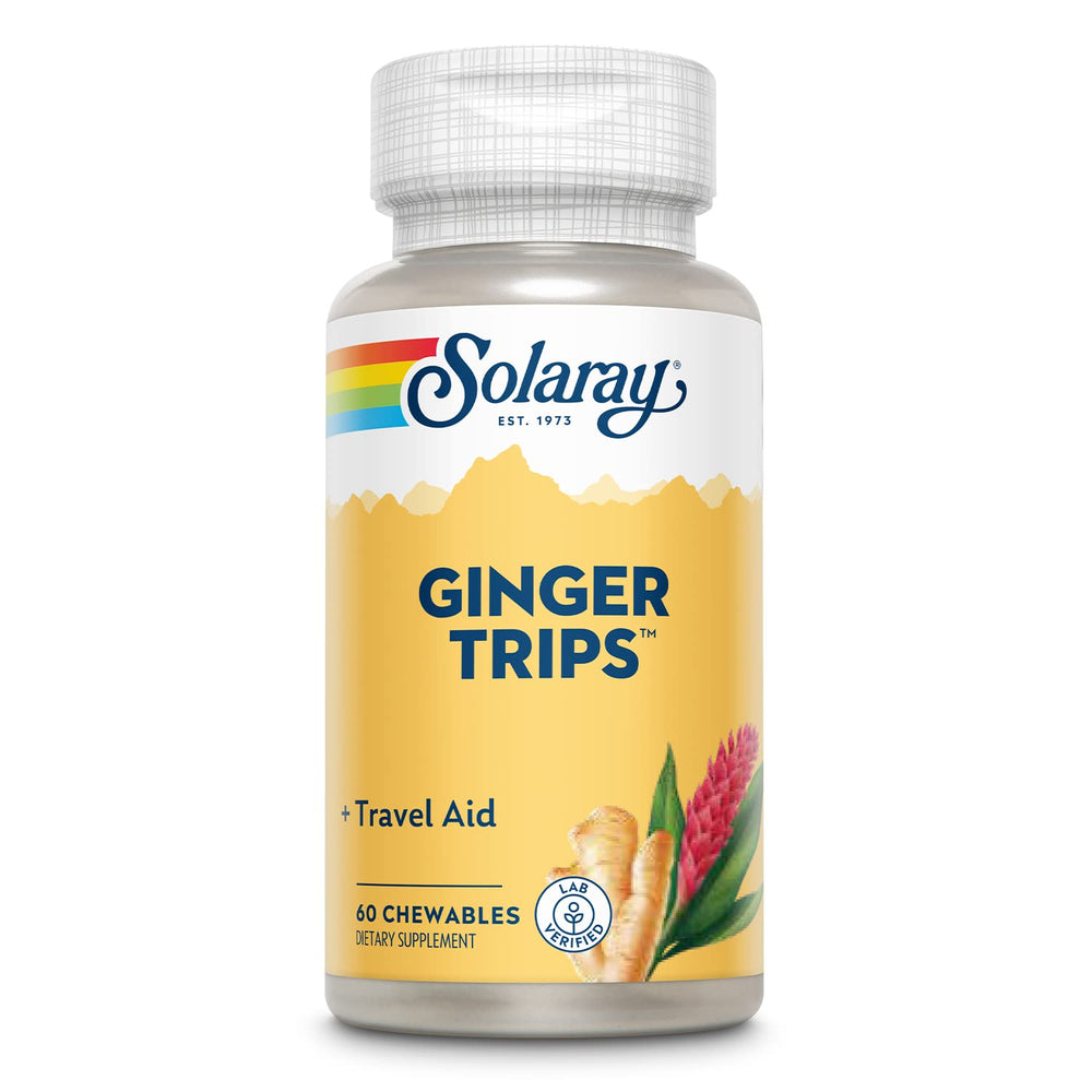 SOLARAY Ginger Trips travel aid bottle offers on-the-go digestive support