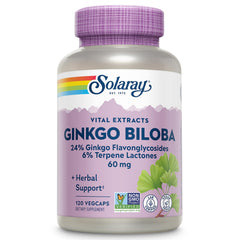 SOLARAY Ginkgo Biloba bottle front showing 60 mg VegCap for cognitive wellness