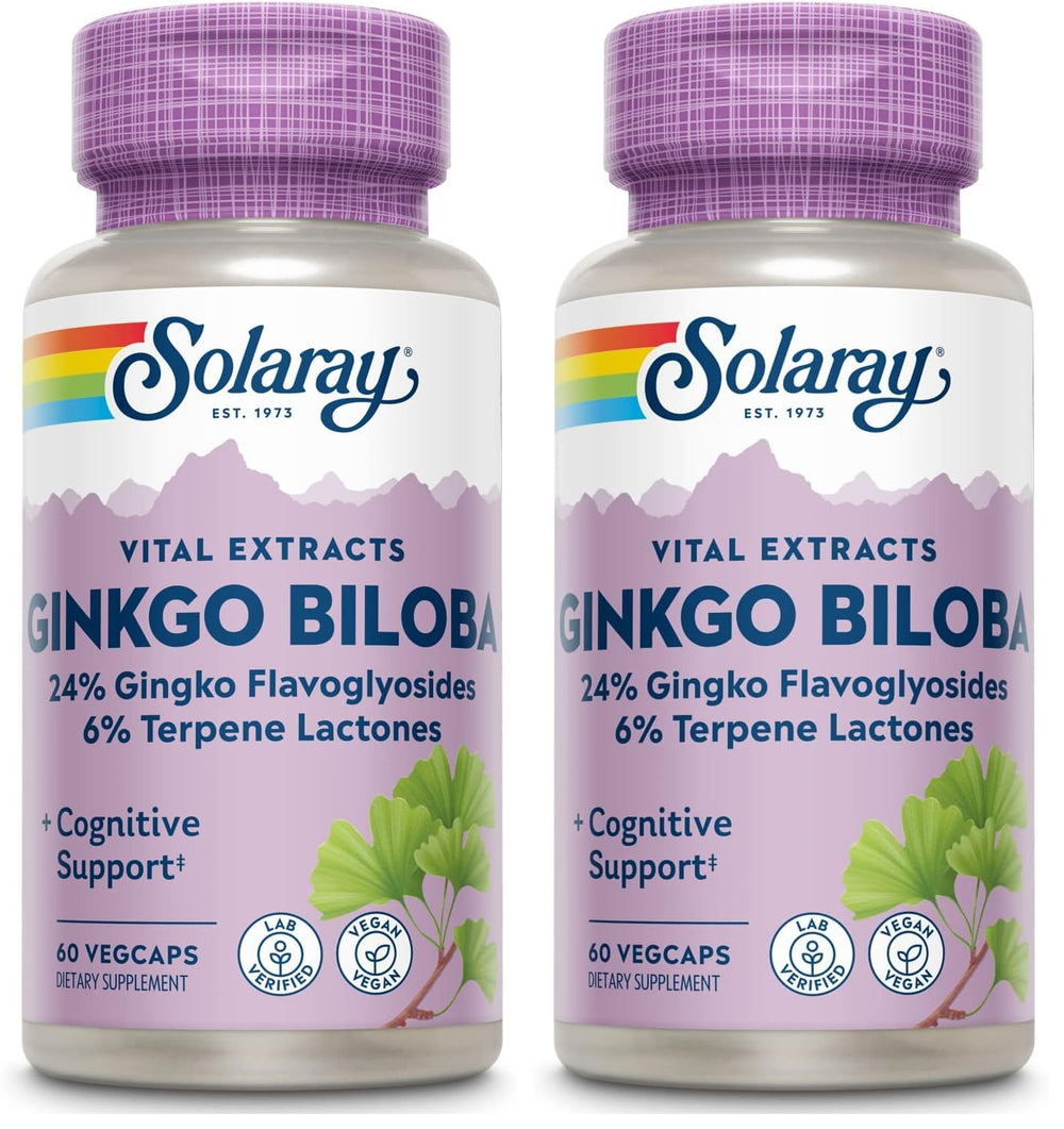 SOLARAY Ginkgo Biloba Extract bottle with 60 mg per capsule for daily focus support