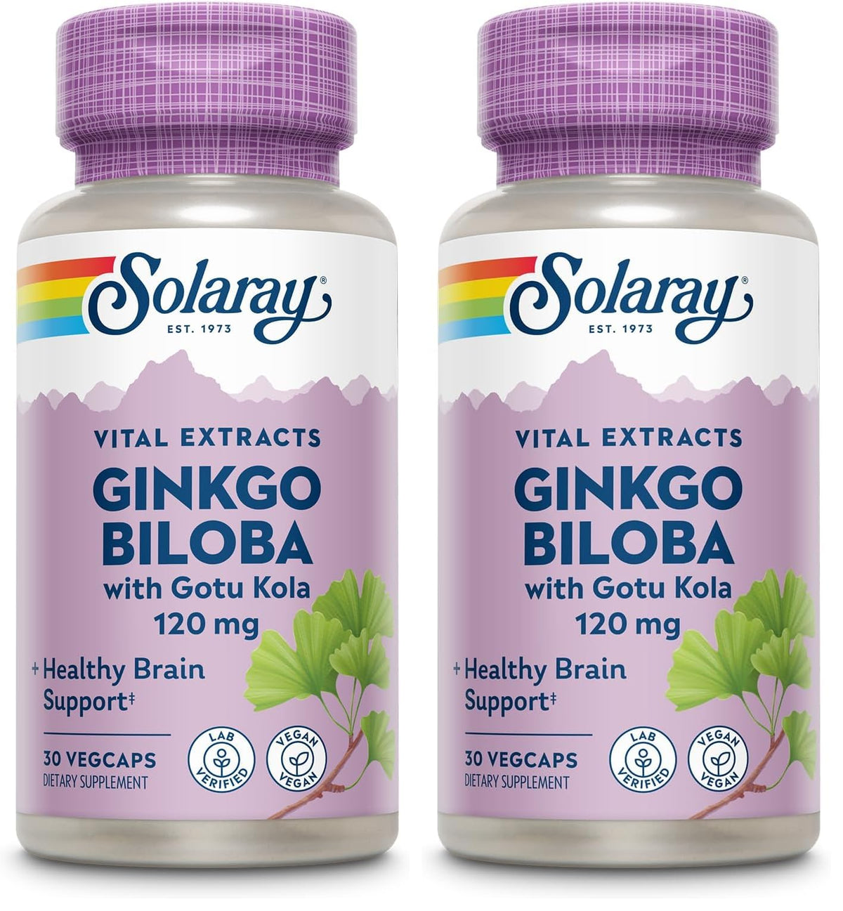 SOLARAY Ginkgo Biloba Gotu Kola bottle front for brain support in a vegan formula