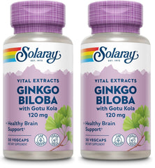 SOLARAY Ginkgo Biloba Gotu Kola bottle front for brain support in a vegan formula