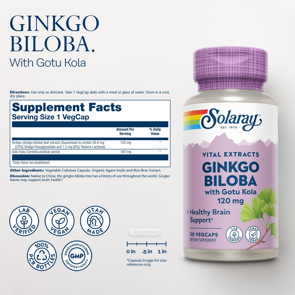 SOLARAY Ginkgo Biloba Gotu Kola bottle pour highlights easy daily cognitive support