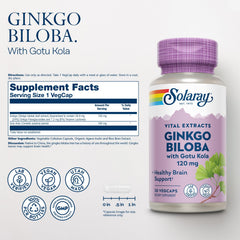 SOLARAY Ginkgo Biloba Gotu Kola bottle pour highlights easy daily cognitive support