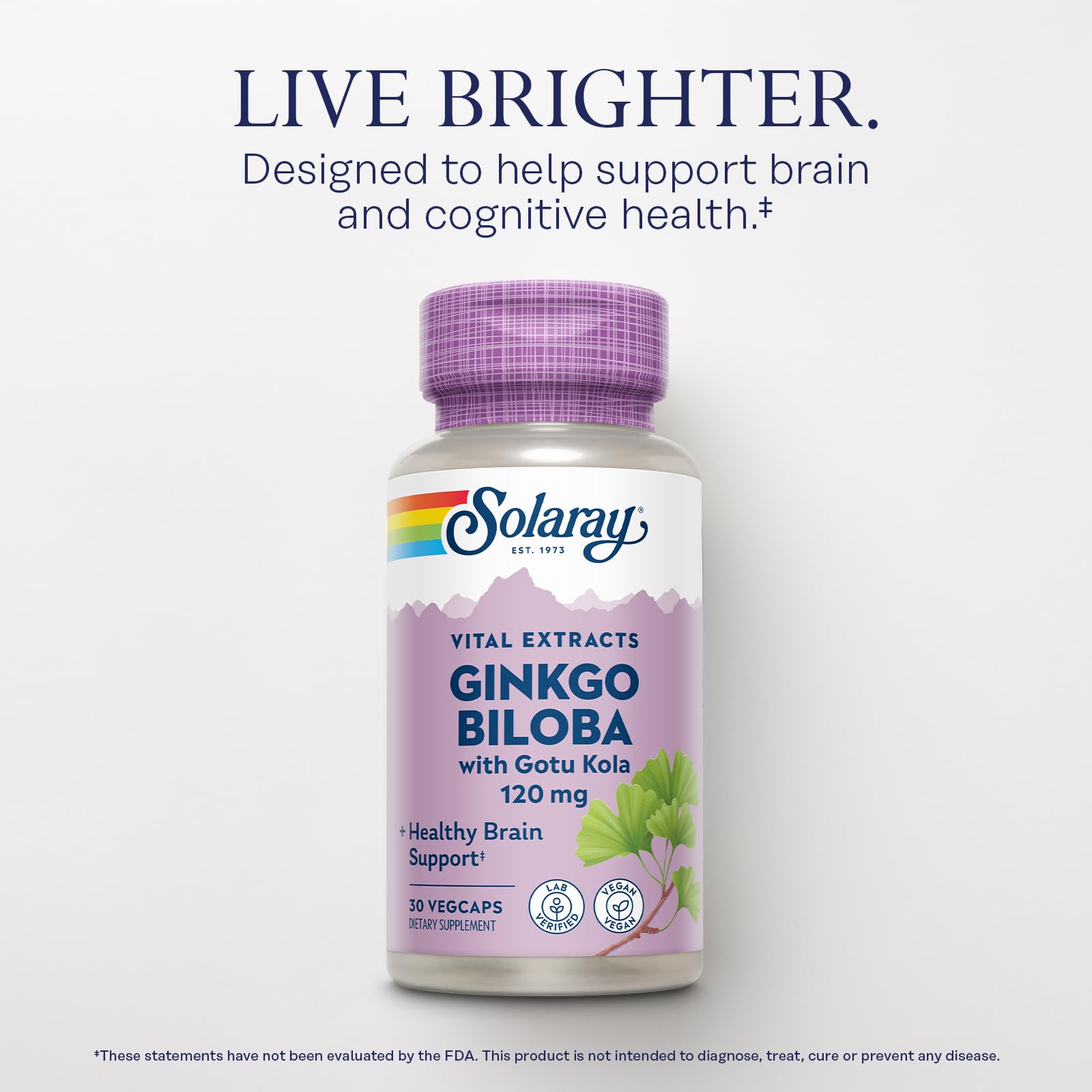 SOLARAY Ginkgo Biloba Gotu Kola capsules closeup shows vegan capsules and potency