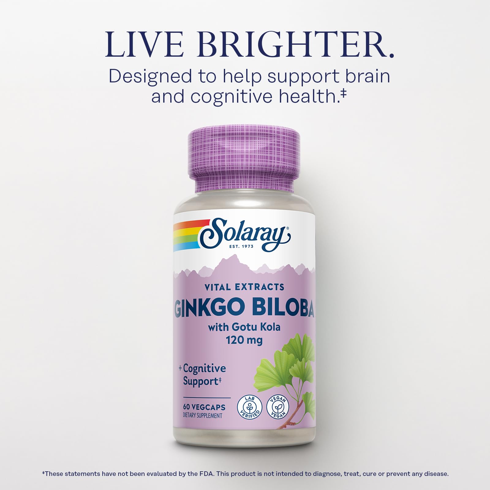 SOLARAY Ginkgo Biloba Gotu Kola label highlights ingredients.