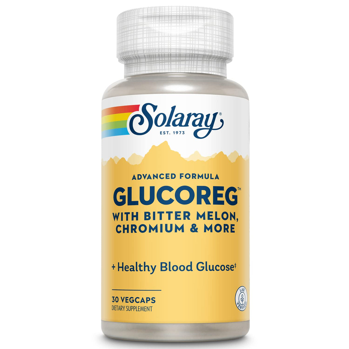SOLARAY GlucoReg bottle pour shows capsules for daily wellness and balanced energy.