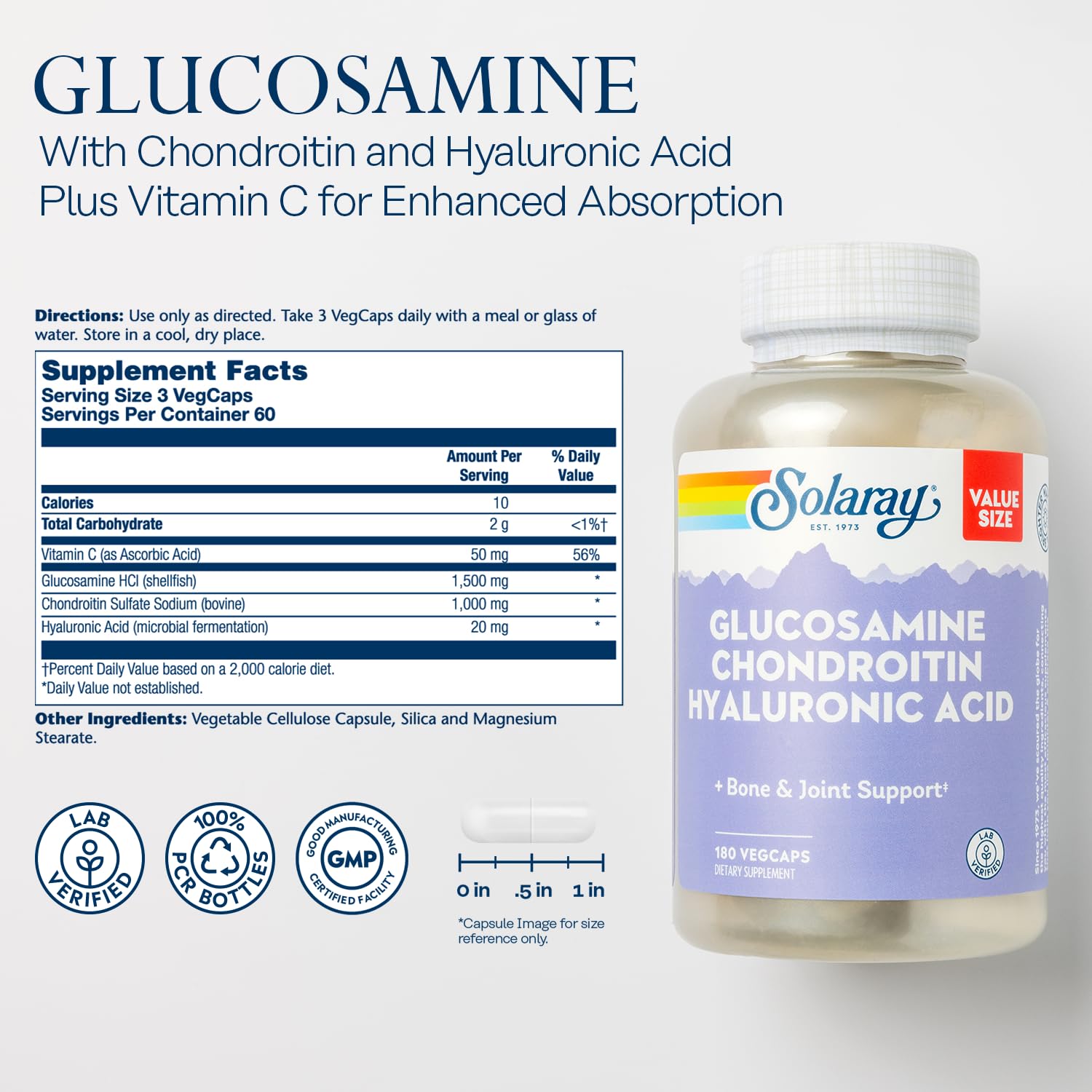 SOLARAY glucosamine chondroitin capsules shown for easy daily use and mobility support.