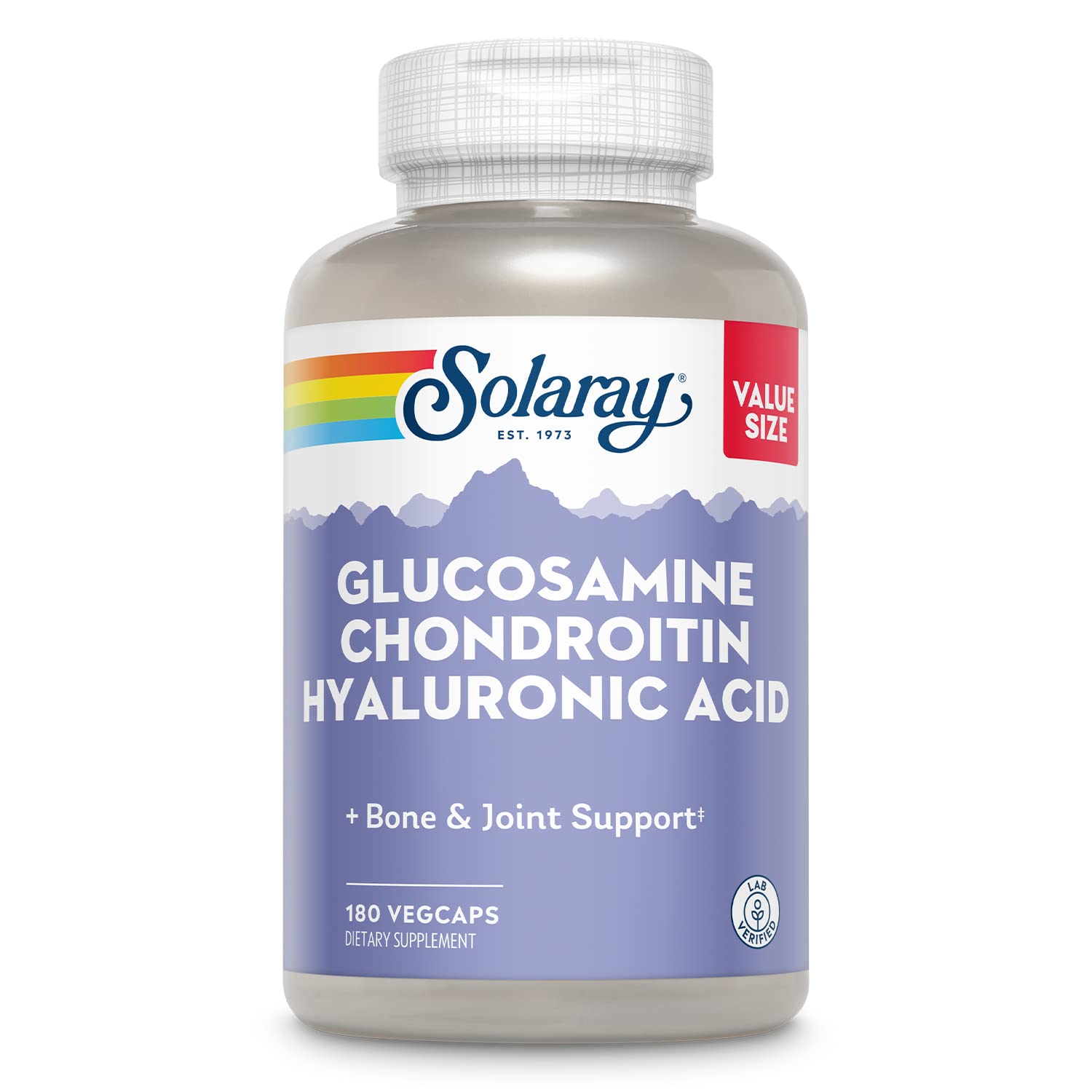 SOLARAY glucosamine chondroitin hyaluronic bottle highlights joint support potential.