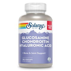 SOLARAY glucosamine chondroitin hyaluronic bottle highlights joint support potential.
