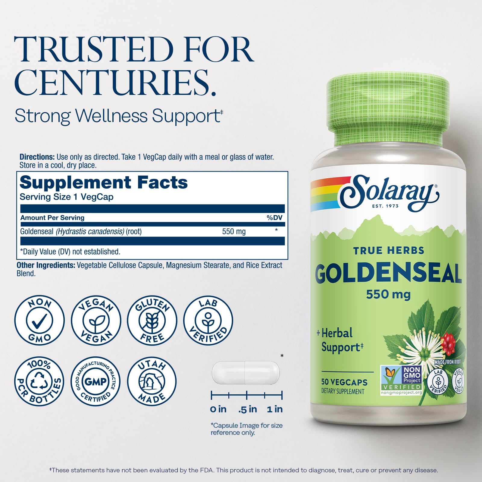 SOLARAY Goldenseal bottle with eco-friendly packaging for sustainable choices