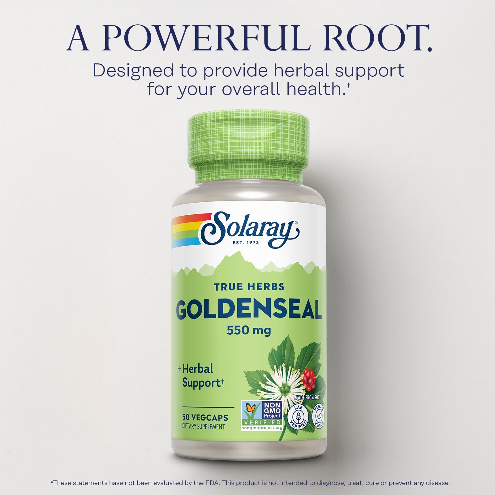 SOLARAY Goldenseal root close-up highlighting hydrastine and berberine alkaloids for natural support