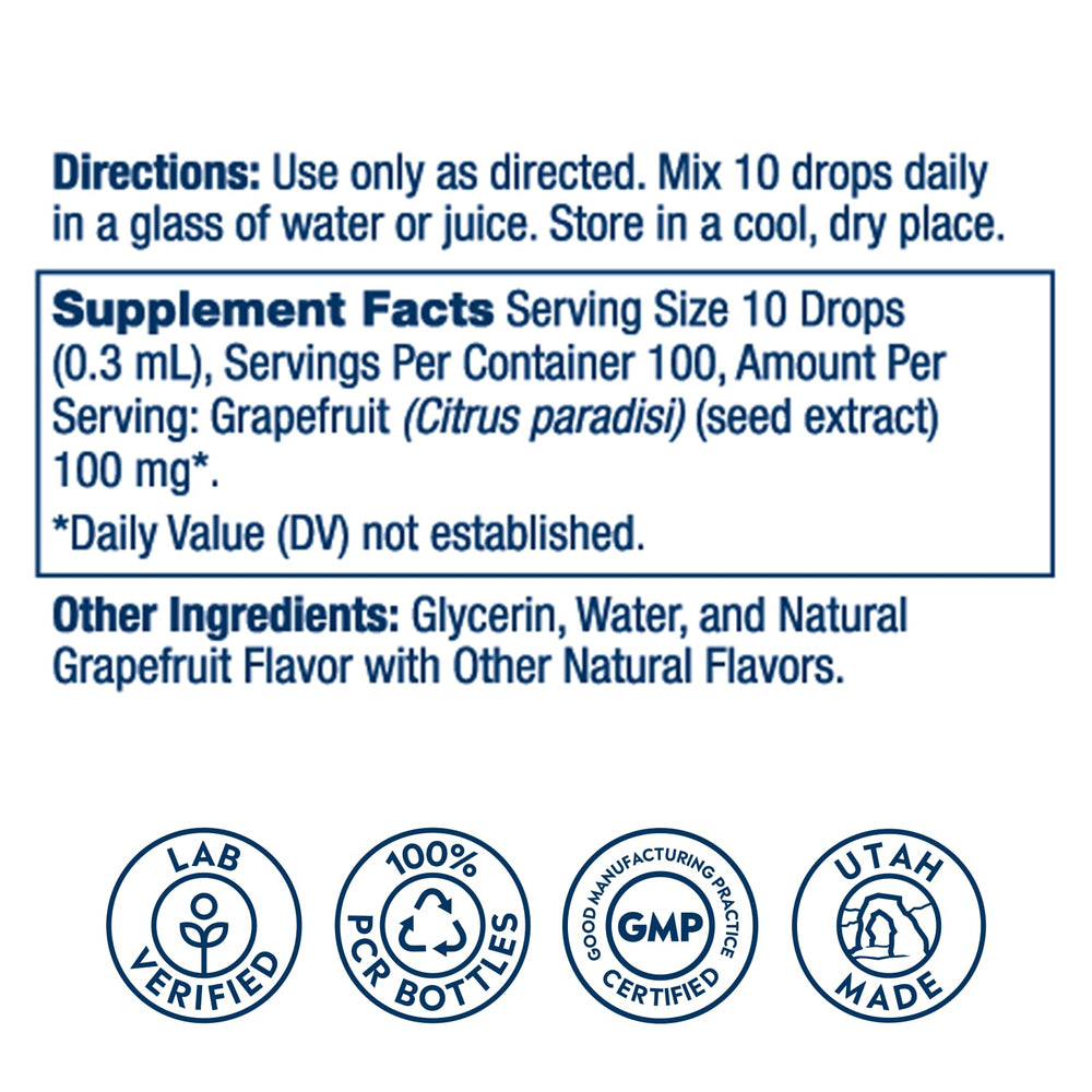 SOLARAY Grapefruit Seed Extract Drops dropper used to mix into water or juice.