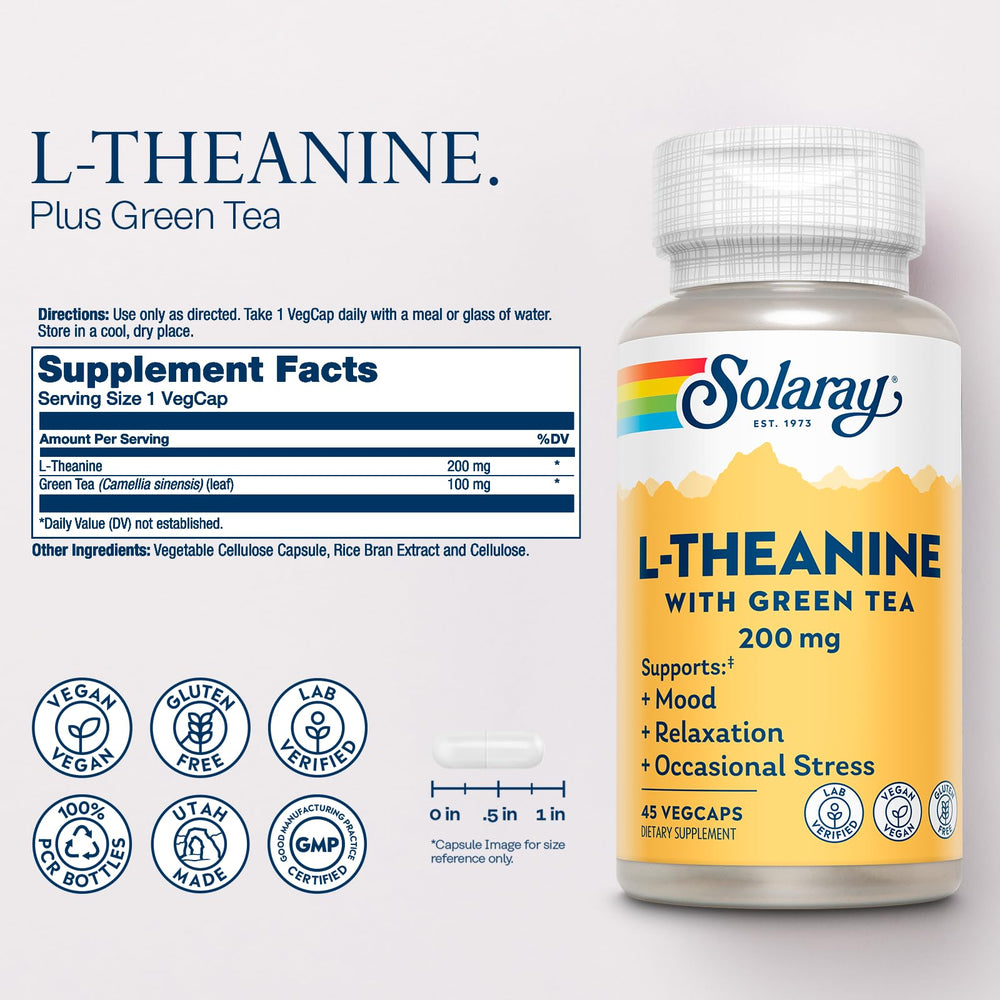 SOLARAY Green Tea leaf close-up highlights natural nutrient synergy.
