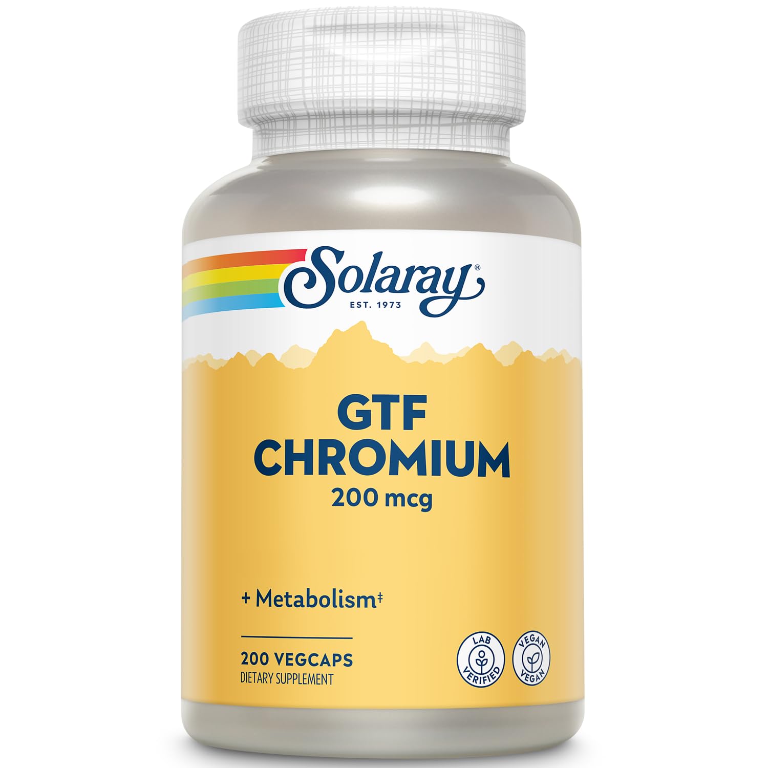 Solaray GTF Chromium 200mcg bottle supports metabolic wellness in a vegan capsule.