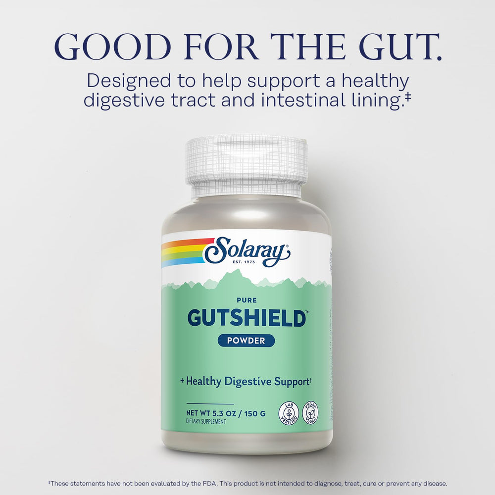 SOLARAY Gutshield powder poured showing fine texture and quick mixing.